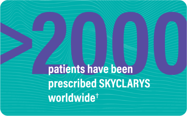 Teal card with purple and white text indicating more than 2000 patients have been prescribed SKYCLARYS worldwide 